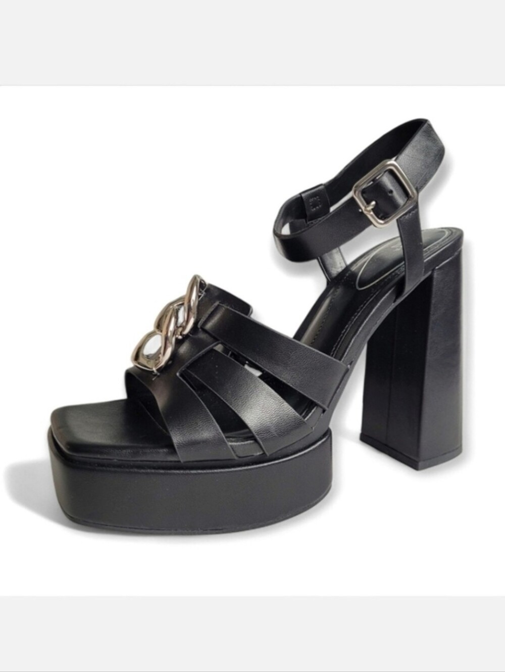 NWT Zara Chunky Black Platform Sandals with Chain Detail High Heels Size 8